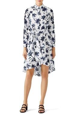 Osman Suzie White Floral Print Long Sleeve Tie Waist High Low Shirt Dress Sz 12